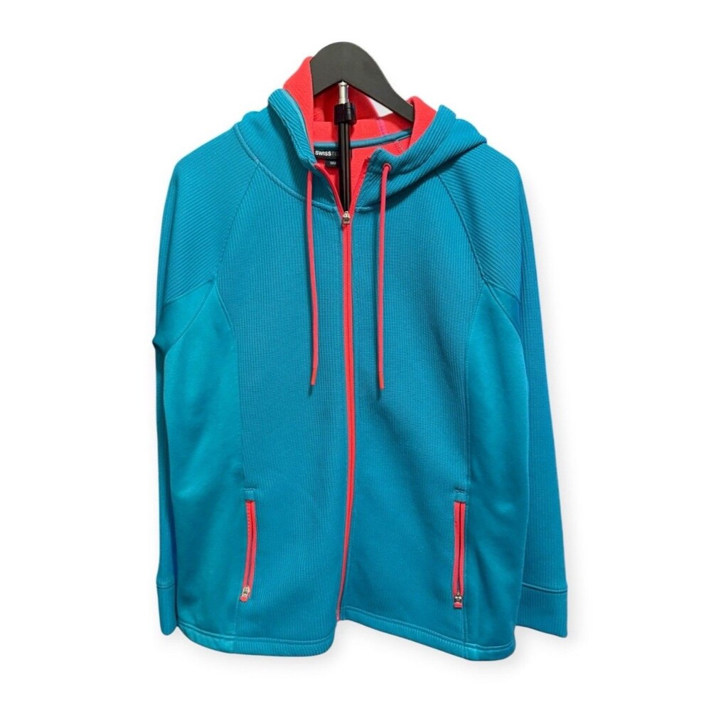 Swiss Tech Womens Waffle Knit Fleece Hooded Jacket Teal & Neon Coral XL 16/18